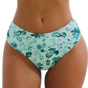 Cupshe Women's Floral Mid Rise Shirred Bikini Bottom‎ Blue Green Size Medium